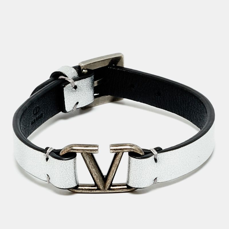 Valentino Vlogo Leather Silver Tone Bracelet